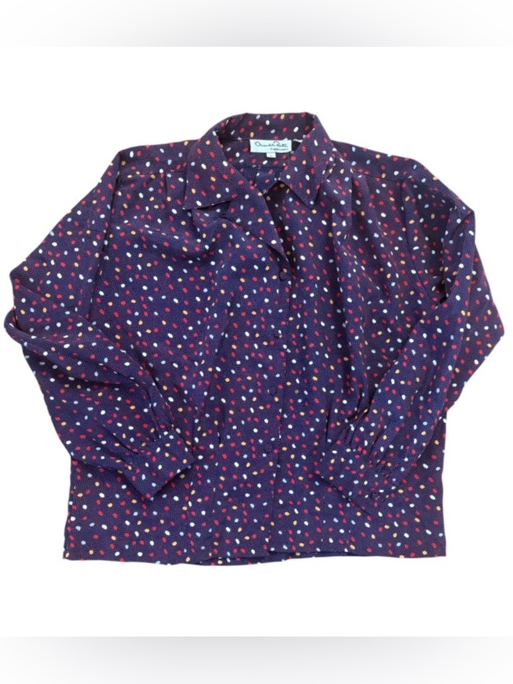 Vintage Oscar de la Renta Expressions Polka Dot Blouse Navy Red Retro Secretary